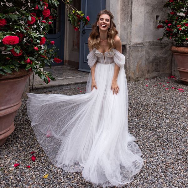 

party dresses a line pleated tulle wedding bohemian off shoulder cap sleeves beaded sweetheart bridal beach gowns with puffy 230213, White;black