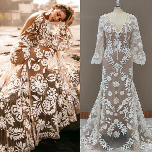 

party dresses 9651 2 pieces long sleeves lace deep v neck wedding dress backless beach barn ranch plus size custom made mermaid 230213, White;black