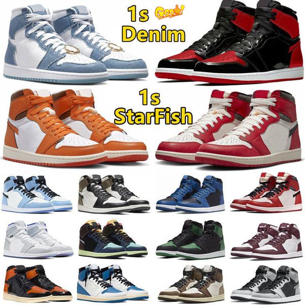

jumpman 1 1s mens basketball shoes travis scotts bred patent unc blue dark mocha starfish denim light bone shadow 2.0 chicago grey fog