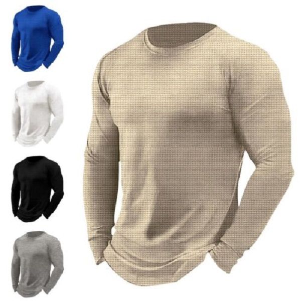 

mens t shirts crew neck t-shirt men casual sport long sleeve fashion waffle, White;black
