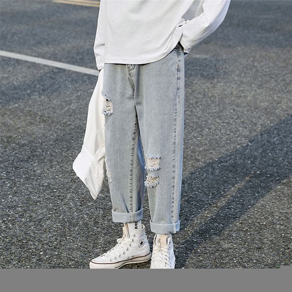 

men's jeans ripped straight jeans patchwork plain stretch casual denim pantalones hombre streetwear fashion jogging trousers male 23021, Blue