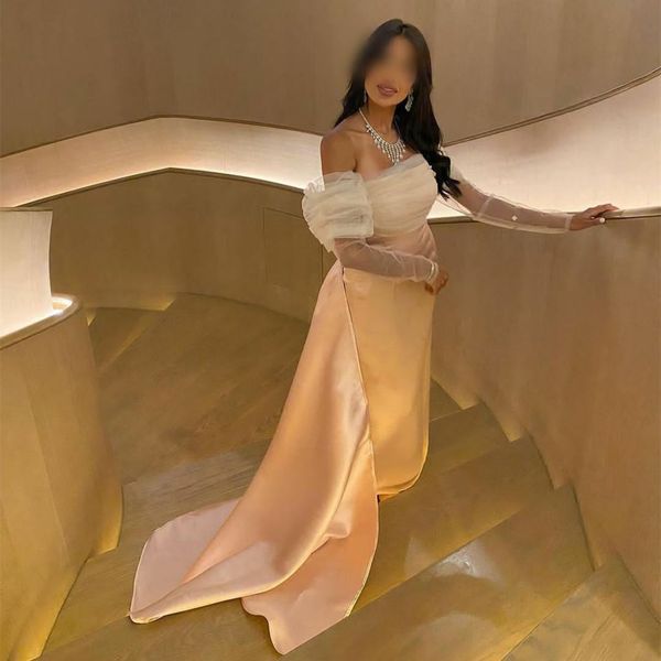 

pink off shoulder mermaid evening gowns for women strapless elegant long sleeves pleated sweep train robe de soiree satin formal occasion dr, Black;red