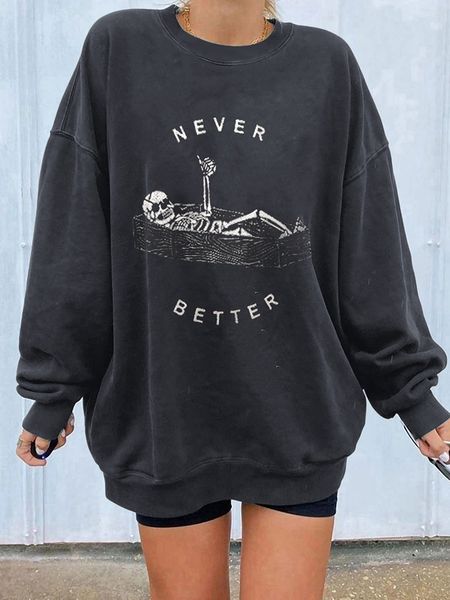 

women's hoodies sweatshirts never better funny skull print women sweatshirts drop shoulder pullovers vintage sweatshirt casual loose ha, Black