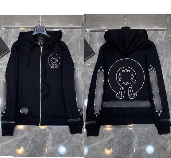 

mens loose chromes brand sweatshirts classic ch designer hoodie heart horseshoe sanskrit print luxury zipper jacket pullover hooded coat fa, Black