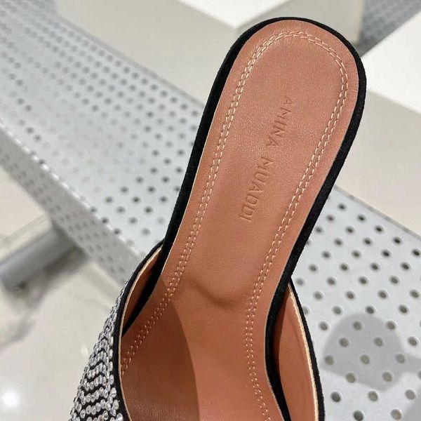 

rhinestone-encrustedslopeheel gilda amina muaddi slippers 95mm crystal high heels open toes slip-on slides leather outsole sandals for women, Black