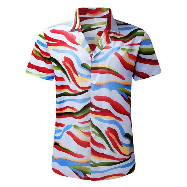 

men printed short sleeve hawaiian beach style lapel rainbow pattern casual shirt, White;black