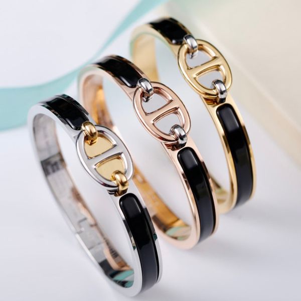 

enamel clic bangle for women charm bracelets mini size 18k gold rose, Black