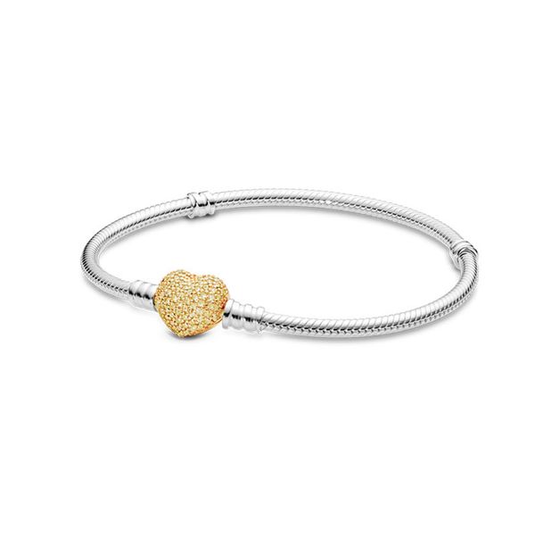 

yellow gold sparkling heart charm bracelets for pandora real sterling silver wedding jewelry snake chain bracelet set girlfriend gift hand c, Golden;silver
