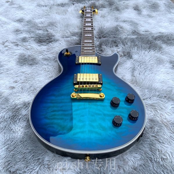 

electric guitar blue quilted maple rose wood fingerboard 22 fret gold hardware
