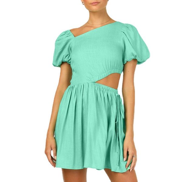 

casual dresses korean version design sense bubble sleeves solid color elastic waist hollowed out fresh sweet short sleeve bare waist simple, Black;gray