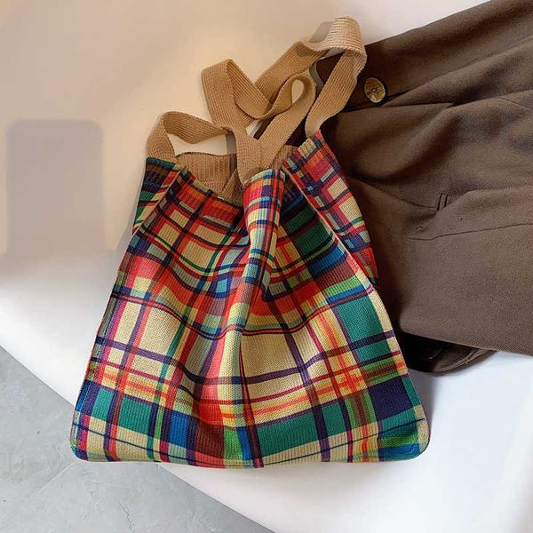 

knitted bag for women plaid vintage totem tote shoulder s retro weave handbags female casual travel shopping school 2022