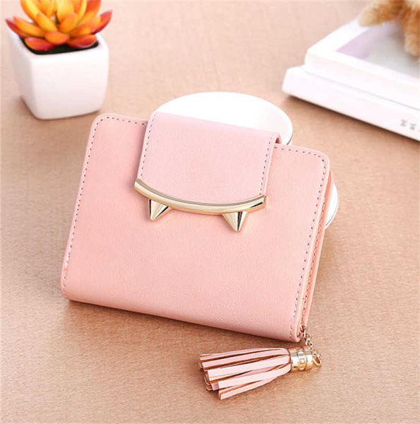 

2021 cute cat ears leather vintage tassel women wallet luxury brand famous short mini womens wallets and purses for credit cards
