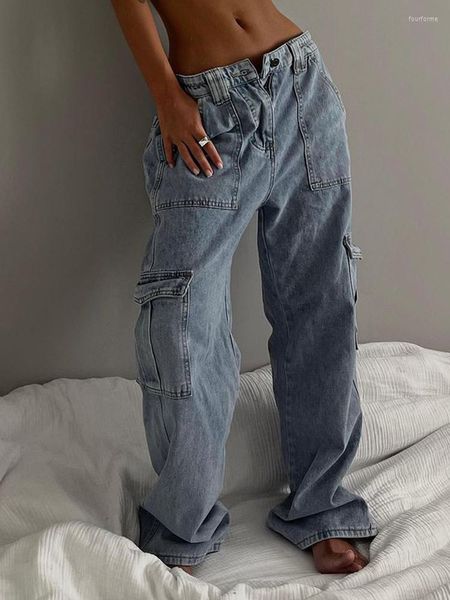 

women's jeans streetwear solid multi-pocket stitching women korean fashion low rise wide leg cargo denim pants super long cloth, Blue