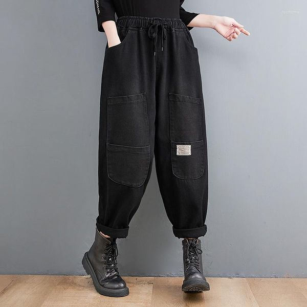 

women's jeans 2023 fall winter denim vintage harem pants women clothing loose elastic waist washed casual plus velvet patchwork baggy, Blue