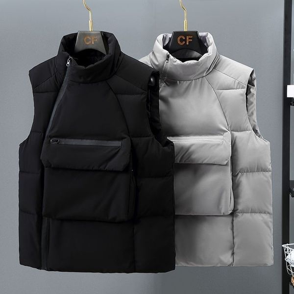 

men's vests fashion design thermal vest men big pockets korean male waistcoat stand collar sleeveless jacket gilets padded winter coat, Black;white