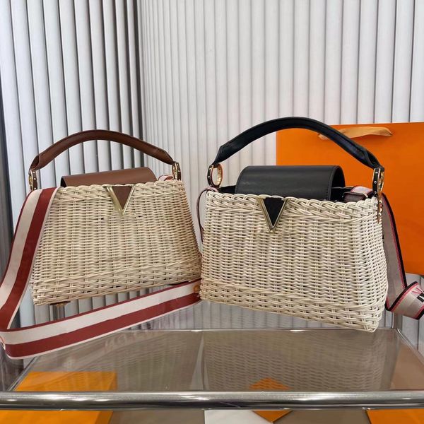 

summer beach straw bag chain crossbody bags leather fashion letter triangle sign women flap shoulder bags clutch hand wallet