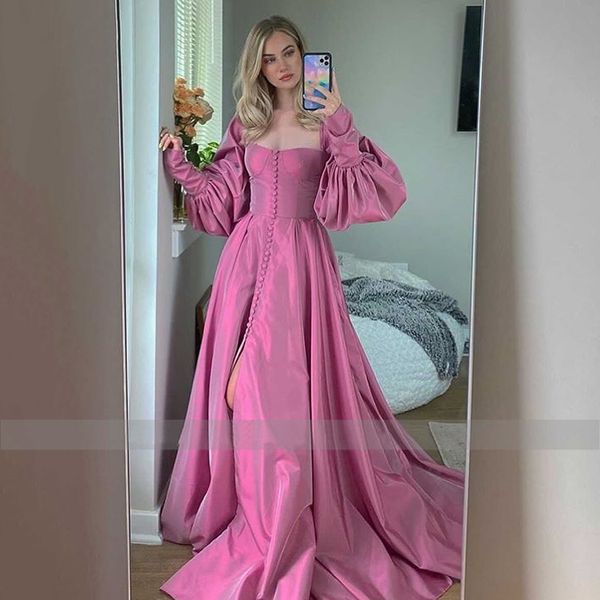 

elegant pink prom dresses bishop sleeves high slit taffeta evening dresses sweetheart a-line long party gowns with buttons, Black
