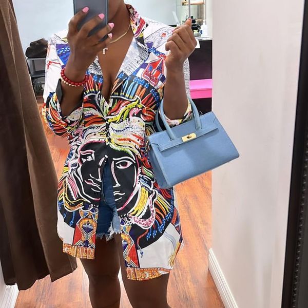 

2023 summer print shirt dress women designer lapel neck long sleeve mini dresses 4, Black;gray