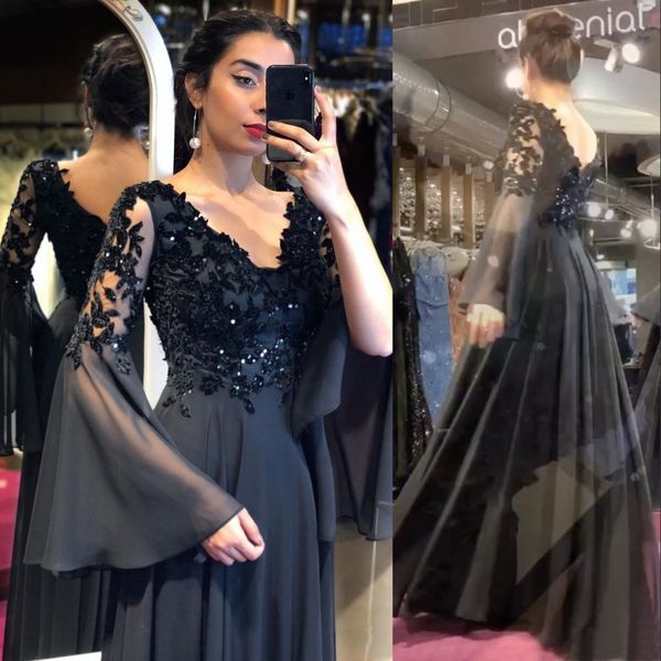 

2023 vintage a line wedding dresses gothic black v neck chiffon long sleeves lace appliques crystal beads open back floor length simple beac, White
