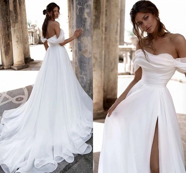 

beach casual wedding dress a-line sleeveless off shoulder beading slit organza bridal gown vestidos de novia custom made robe de mariage, White