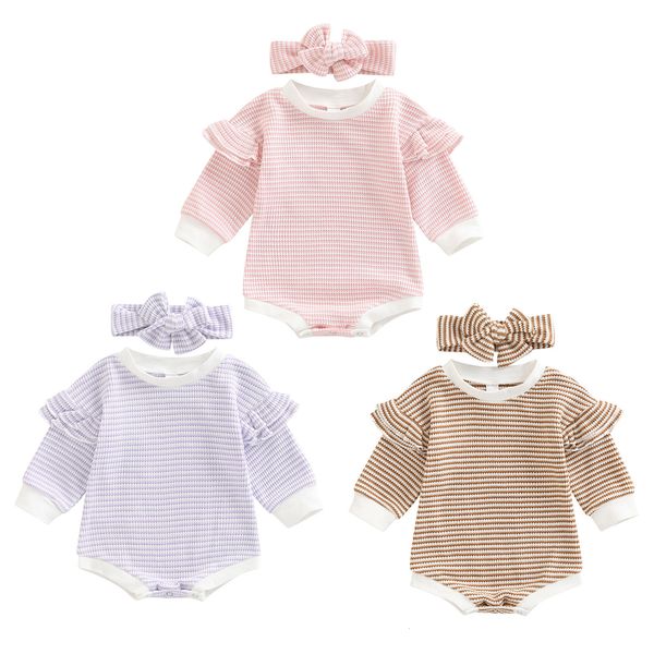 

jumpsuits autumn 2pcs baby girl fall outfit stripe patchwork ruffle long sleeve romper hairband set for infants 018 months 230213, Blue