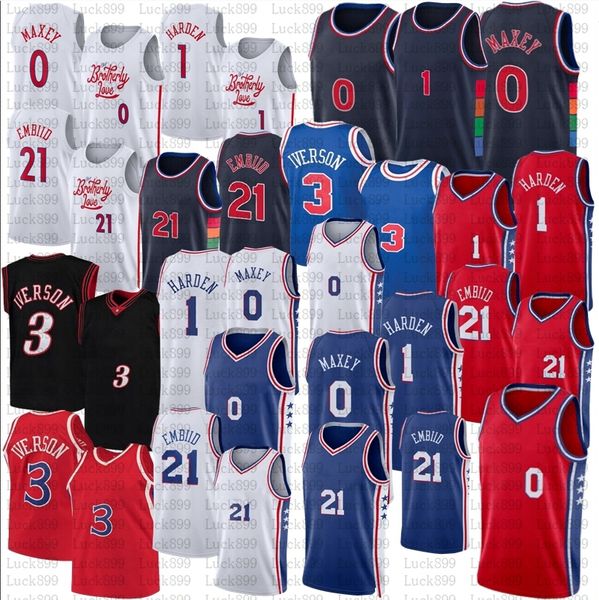 

james harden tyrese maxey joel embiid basketball allen iverson sixer jersey 2022 2023 new city white edition retro shirt blue, Black;red