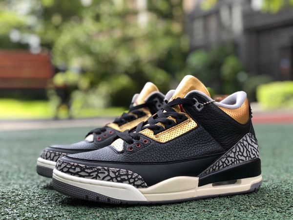 

authentic jumpman 3 man basketball shoes 3s black gold metallic gold cement grey sports sneakers shoes
