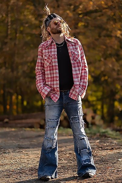 

new men's jeans punk patch stretch flared pants vintage long ripped destroyed jeans, Blue