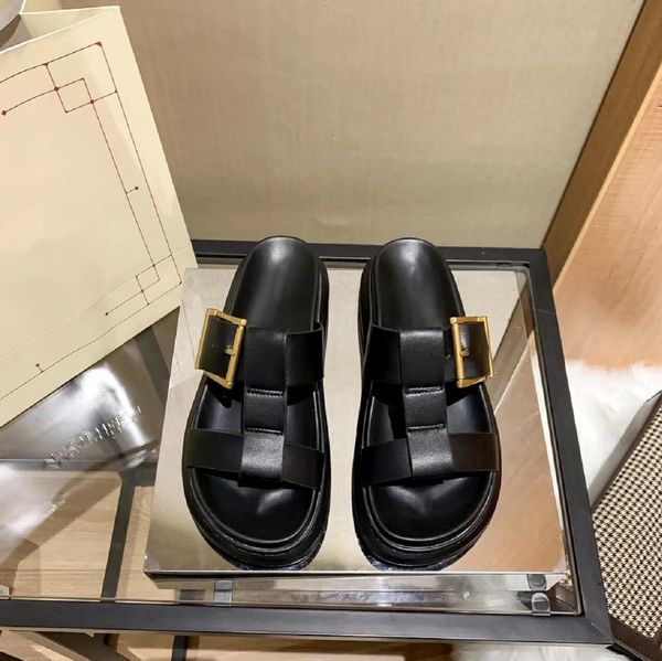 

with box womens thick-soled slippers leather buckle sandals designer candy color wearproof beach shoes flip-flops luxury women leisure fa ry, Black