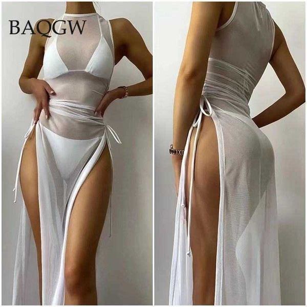 

women's swimwear black 3 pieces set turtleneck swimwear female transparent swimsuit cover up for women lace up bikini halter bra bathin, White;black