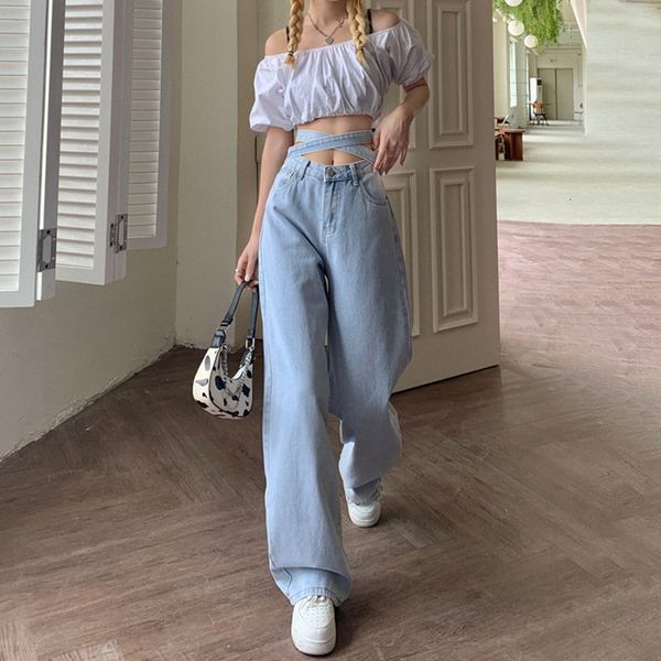 

women s jeans denim trouser korean version retro small waist light blue tie high loose casual wide leg pants 230213