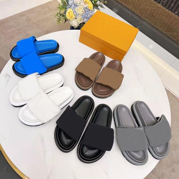 

with box designer sandals fashion slippers pool pillow comfort slides sunset comfort slipper rubber leather flip flops with box cn, Black
