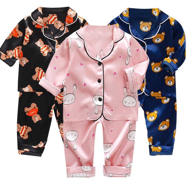 

clothing sets suit home wear yrs baby pajamas set kids clothes toddler boys girls ice silk satin cartoon printing pants set, White