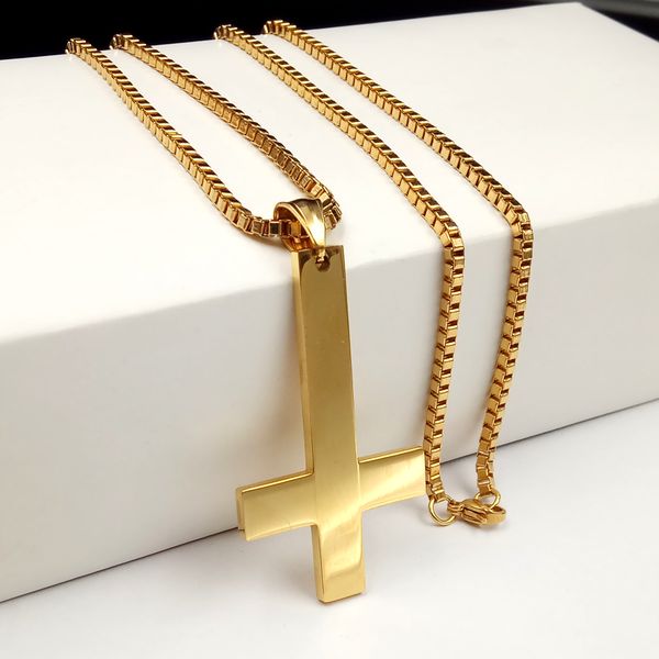 

gold cross of st. peter upside down necklace pendant stainless steel catholic jewelry box chain 18-32'' fashion mens women gifts, Silver