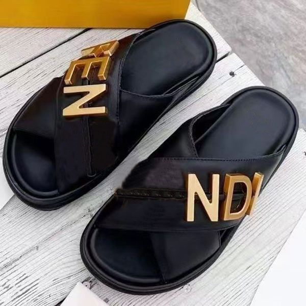 

women slippers sandal with wide crossover band spring summer calfskin leather flat bottom comfort designer summer spring fashion classic cas, Black