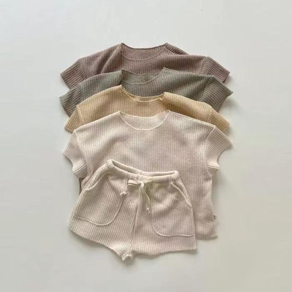 

clothing sets 2pcs summer boys girls clothing sets solid color soft loose short sleeve drawstring shorts waffle outfits children knitted sui, White