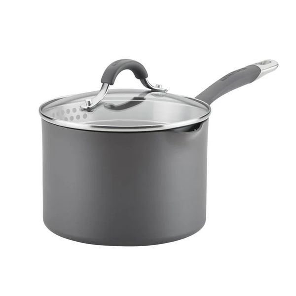 

3-quart covered straining pour spouts hard anodized aluminum saucepan gray