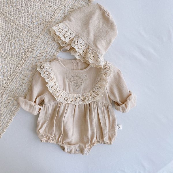 

jumpsuits lace princess toddler romper autumn retro born baby girl clothes cotton spring pure color infant outfits 2pcs with hats 230213, Blue