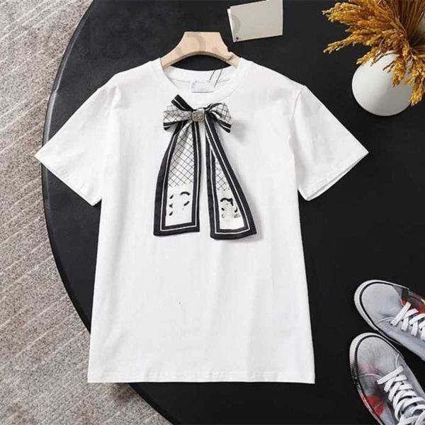 

women's t-shirt designer summer new high-end fashion short sleeve versatile round neck t-shirt printed bow pin 5xi9, White