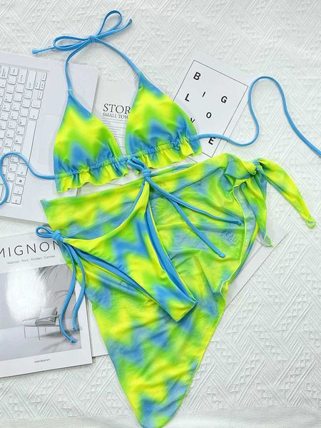 

women's swimwear tie dye halter ruffled bikini female micro swimsuit women swimwear 3 pieces bikini set with sarong bather bathing suit, White;black