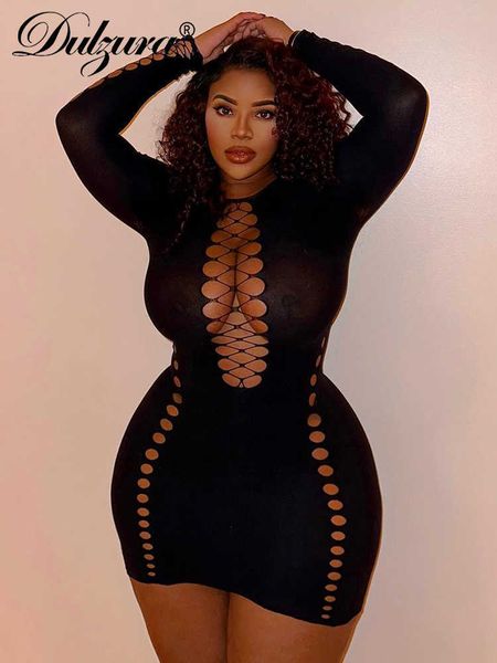 

party dresses dulzura autumn neon y2k clothes hollow out long sleeve o-neck bodycon mini dresses for women club party elegant outfits t23021, White;black