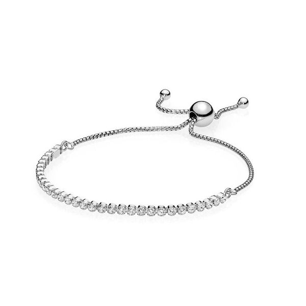 

100% sterling silver sparkling slider tennis bracelet for pandora wedding jewelry hand chain for women cz diamond engagement gifts bracelets, Golden;silver