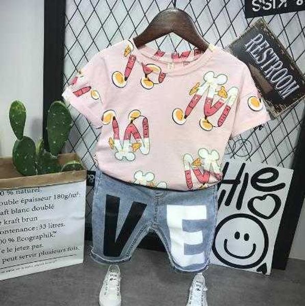 

sets baby girl clothes children's girls clothing suit cartoon pattern shirt simple letter print jeans shorts years old, White