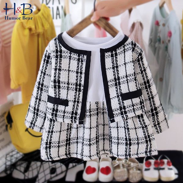 

clothing sets humor bear baby girls clothes set plaid printed cardigan long sleeve dress 2pcs casual toddler clothes 230213, White