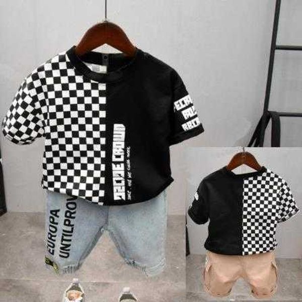 

clothing sets boys clothes set y fashion stitching plaid shortsleeved tshirt shorts suit casual children's wear, White