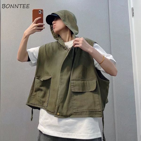 

men's vests men korean style trendy autumn fashion sleeveless hooded tactical allmatch clothing bf military harajuku cropped leisure 23, Black;white