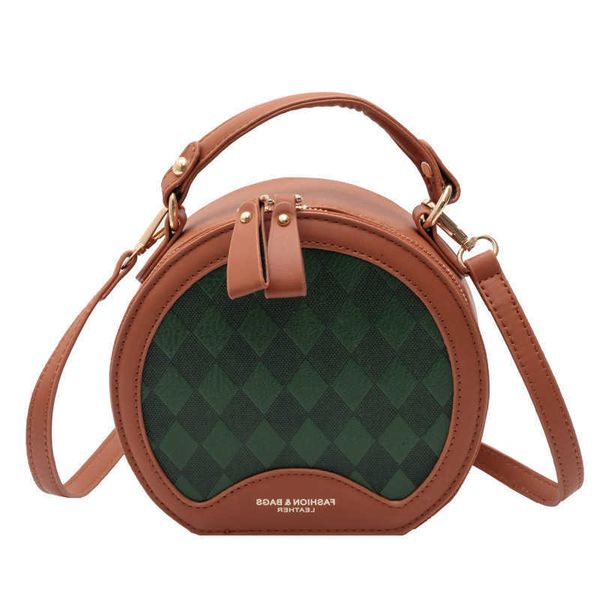 

2022 trendy lattice women's round bag luxury plaid designer leather ladies shoulder crossbody female handbag messenger