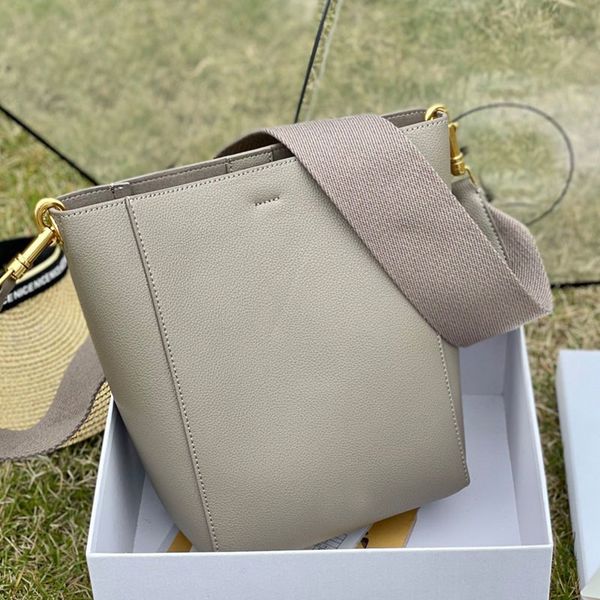 

plain bucket bag women shoulder bags lady handbag fashion letter cowhide genuine leather removable wide shoulder strap with purse