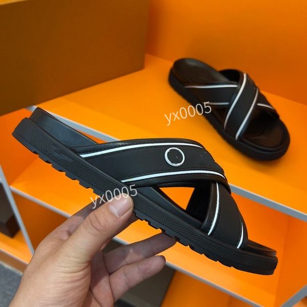 

2023 fashion classic men sandals slippers slide summer designer luxury leather rubber flip flops shoe outdoor beach shoes size38-45, Black