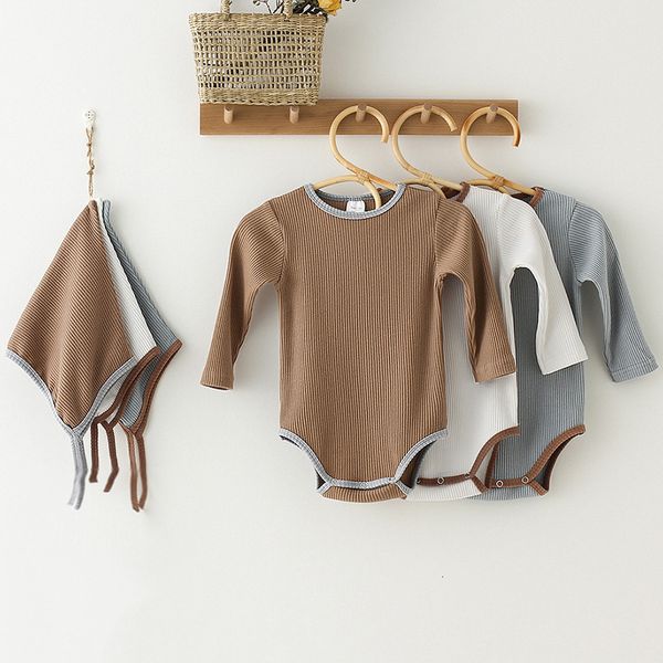 

jumpsuits baby boys girl clothes born girls romper jumpsuit hats long sleeves white blue playsuit for kids 230213